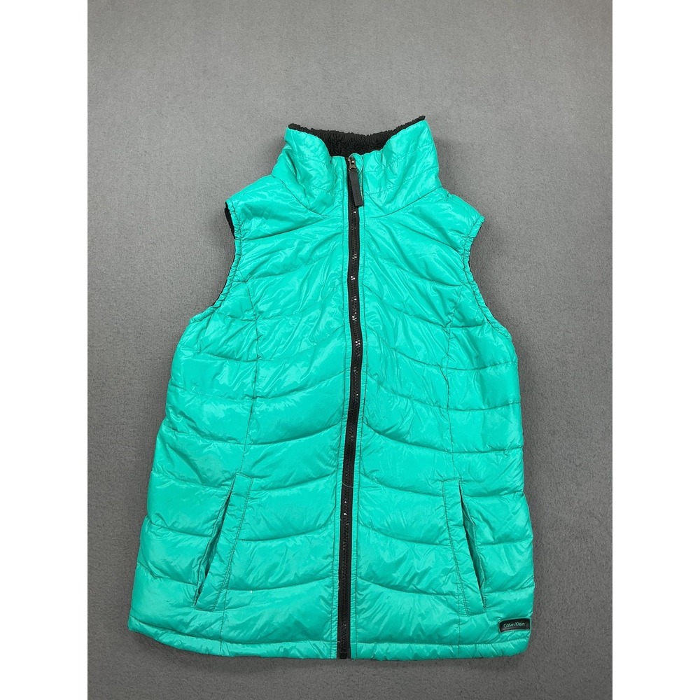 Calvin Klein Vest Womens Medium Teal Green‎ Down Puffer Rib Knit MP3 Pocket